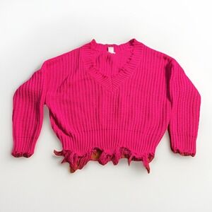 Main Strip Womens S Knit Sweater Pullover Hot Pink Barbiecore Glam Fringe